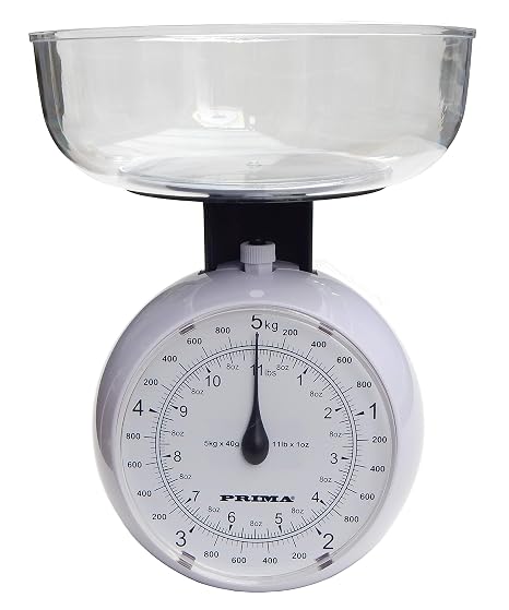 18163c Kitchen Scale | Mechanical Operation | Compact with Clear Removable Bowl | Weigh up to 5kg | Deep 1.2L Capacity Bowl | Imperial & Metric Measurements | Zero Adjustment | White