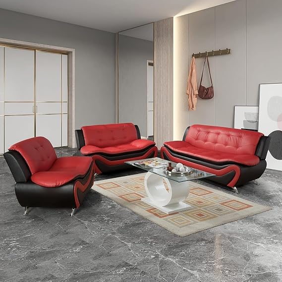 Contemporary Living Room Furniture Set, Vegan Leather Sofa Set for Living Room/House/Bedroom/Office/Apartment (Red&Black, Sofa;Love;Chair)
