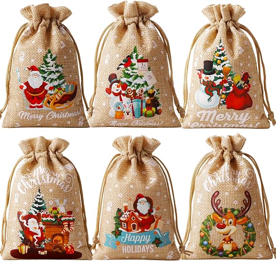 24Pcs Christmas Burlap Gift Bags with Drawstring, 4x6inch Christmas Linen Treat Bags, Goody Gift Bag Small Jute Xmas Candy Bag Reusable Gift Wrapping Pouch Xmas Holiday Party Favors Linen Sacks