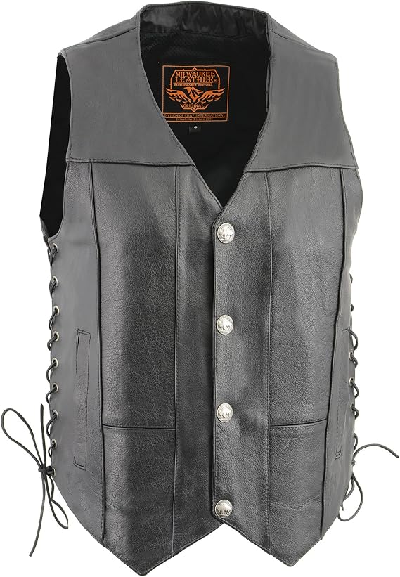 Milwaukee Leather Men's Black Leather Classic V-Neck Motorcycle Rider Vest w/Buffalo Snaps and Side Laces LKM3701