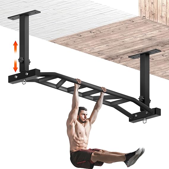 48" Ceiling Mount Pull Up Bar - Heavy Duty Multi-Grip Chin Up Bar for Garage/Home Gym and Strength Training, Adjustable Height&Supports to 600 Lbs