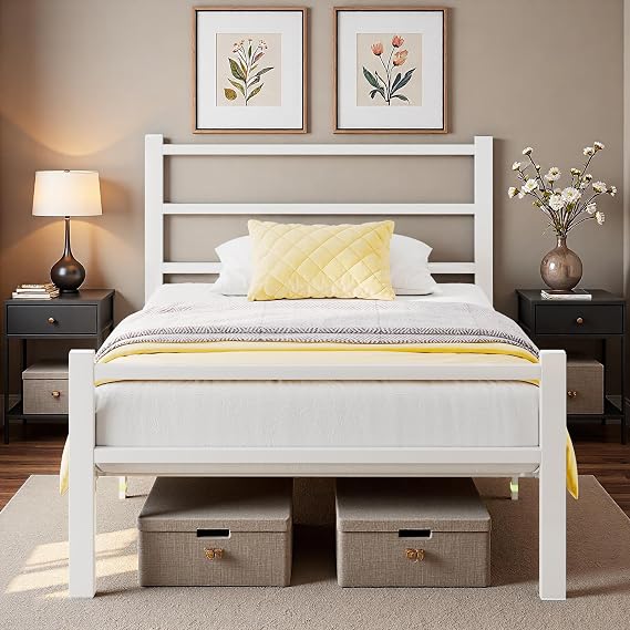 Feonase Single Bed Frame, Metal Platform Bed Frame, Single Beds Solid Bedstead Base with Headboard and Footboard, Sturdy Steel Construction, Under-bed Storage, Easy Assembly, Noise Free, White