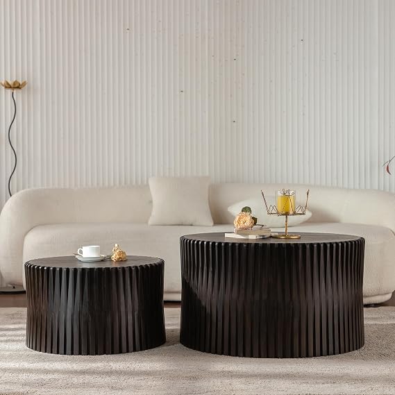 Vintage Modern Nesting Coffee Table Set of 2, Round Wooden Table Accent End Table Cylindrical Set with Vertical Textured Embossed Design for Living Room, Apartment (Dark Brown-17.72" H)