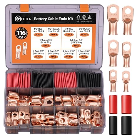 116 pcs Battery Cable Ends Kit, Copper Lugs AWG 1/0 AWG 4 AWG 2