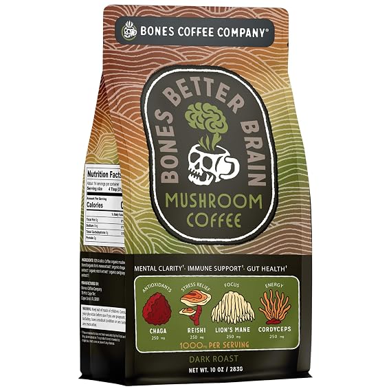 Bones Coffee Company Better Brain Mushroom Coffee Dark Roast Low Acid Arabica Coffee with Mushroom Blend for Energy, Focus, Digestion and Immunity Support, Vegan & Keto-Friendly, 10 oz Ground