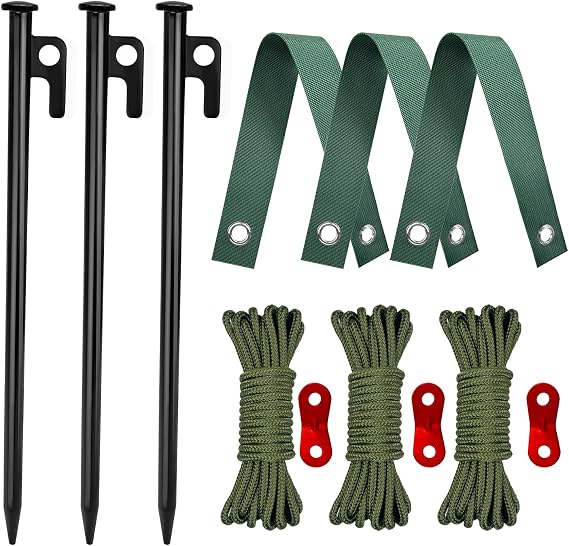 Tree Stakes and Supports, Heavy Duty Tree Stakes Kit Include 3Pcs Tree Straps for Staking, 3Pcs 12" Steel Spikes, and 39Ft Rope, Tree Supports for Young Tree Anti Strong Wind, Bad Weather
