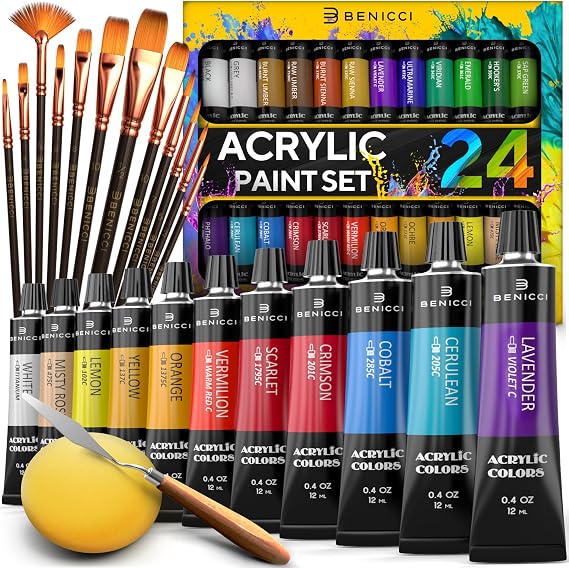 Complete Acrylic Paint Set 24 Rich Pigment Colors 12x Art Brushes with Bonus Paint Art Knife & Sponge for Painting Canvas, Clay, Ceramic & Crafts, Non-Toxic & Quick Dry for Kids & Adults