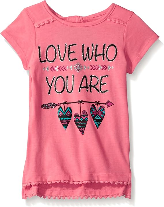 Dreamstar Girls Short Sleeve Screen Top with Ball Fringe and Keyhole Back