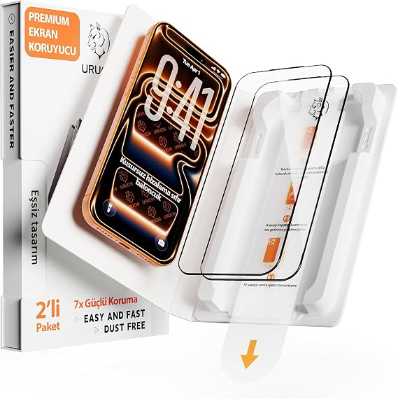 URUCHI Premium iPhone 14 Pro Ekran Koruyucu 2'li Paket, Ultra HD Netlik & İnce Siyah Çerçeve, 9H+ Kırılmaz Cam, Tam Kaplama, UltraFit Kurulum Aparatı ile