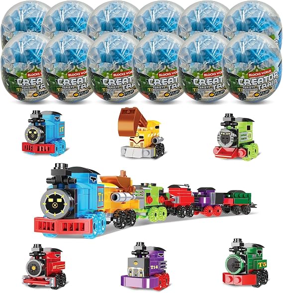 Mini Building Block Sets, 12PCS Vehicle Train Toys Building Blocks, 6 in 1 STEM Toys Eggs Building Sets, Party Favors for Kids Goodie Bags Prizes Birthday (Vehicle Train)