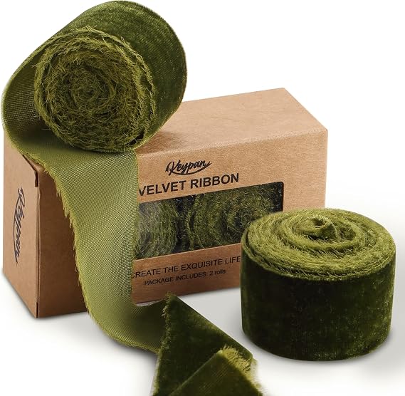 Keypan Olive Green Velvet Ribbon with Fringe, 2 Rolls 1.5 in x 2 yd