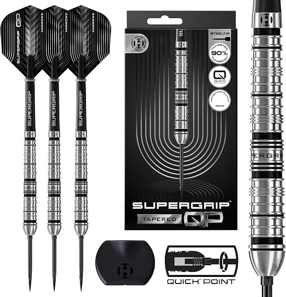 Harrows SuperGrip QP Tapered 90% Tungsten Darts Steeltip Darts Set with Quick Point Interchange System 22g 23g 24g 26g 28g & 30g Includes Supergrip Shafts & 100 Micron Flights
