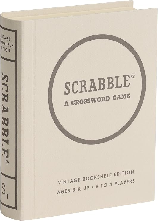 WS Game Company Scrabble Vintage Bookshelf Edition Board Game, 2-4 Players | Classic Family Word Board Game, Linen-Wrapped Book Box , Integrated Storage, Retro Design, Adults and Kids Ages 8 and Up