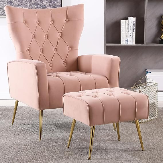 ODUWA Velvet Accent Chair with Ottoman,Modern Accent Chairs with Armrests and Backrest,Button Tufted Chair,Single Recliner Armchair with Ottoman for Living Room Bedroom Office