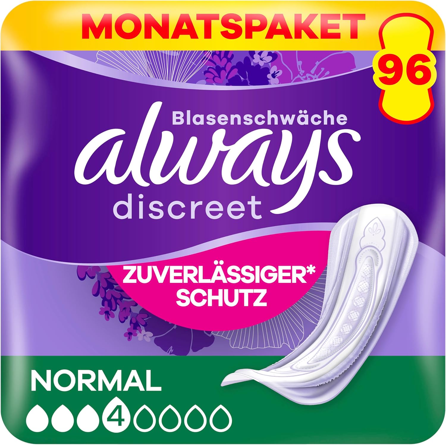 Always Discreet Incontinence Inserts Normal 96 pads 4 x 24 pieces Monthly package discrete protection & high suction strength odor neutralizing packaging may vary