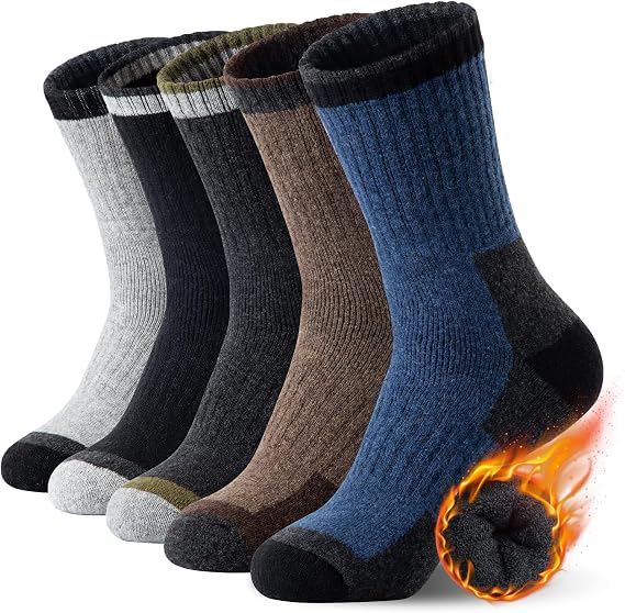 SIMIYA Merino Wool Hiking Socks for Men, 5 Pairs Thick Thermal Crew Socks