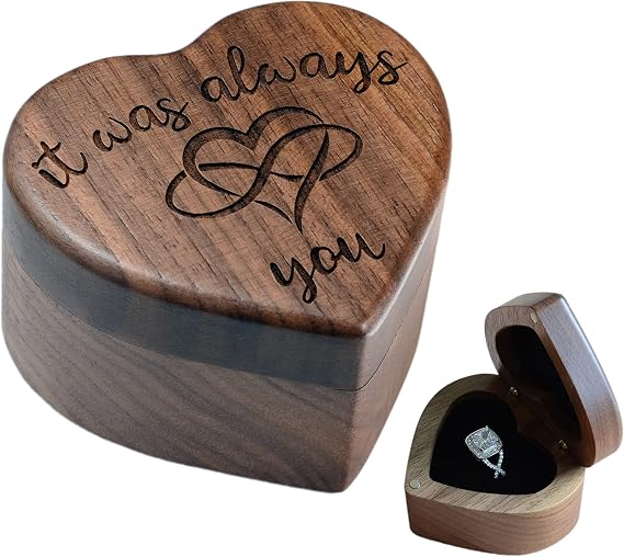 Engagement Ring Box for Proposal Pocket Size Walnut Wooden Heart Engraved (It Was Always You)