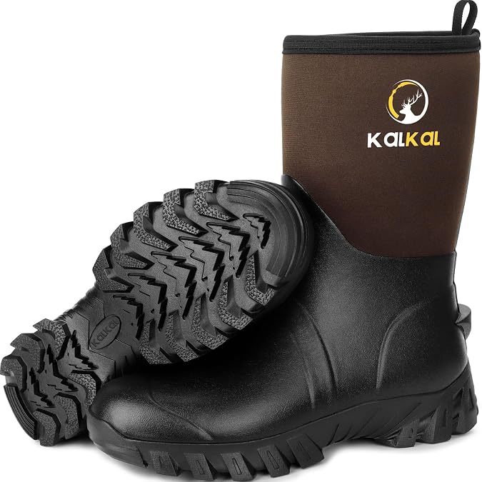 Kalkal Mid Calf Rubber Boots for Men, Rain Boots with 5mm Neoprene Insulated Work Boots Anti Slip Hunting Boots Waterproof Mud Boots for Gardening