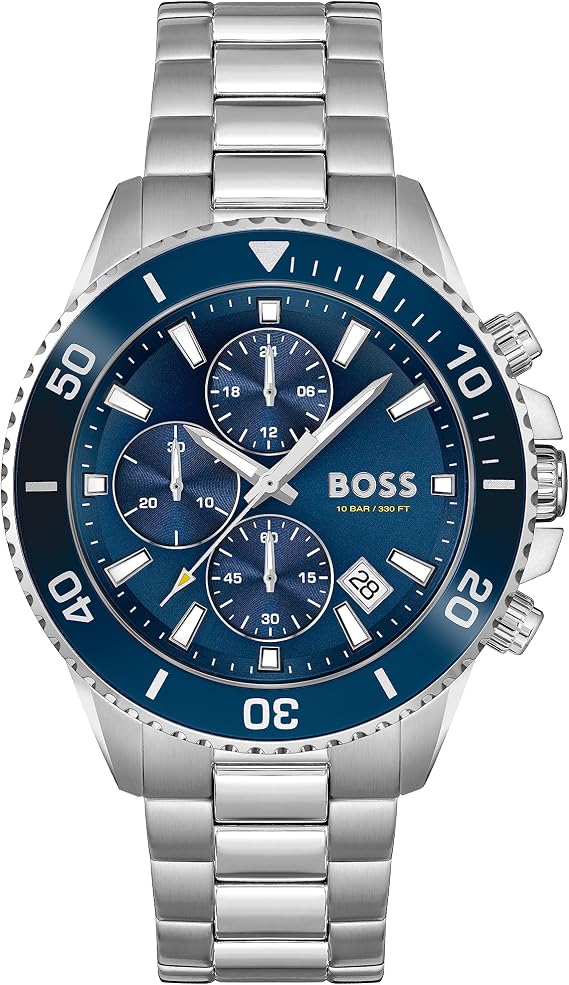 BOSS Herren 45mm Chronograph Quarz Uhr Admiral Kollektion mit Edelstahl- Silikon- oder Ocean-Plastic-Gewebearmband Datumsfunktion und 3 Sub-Dials