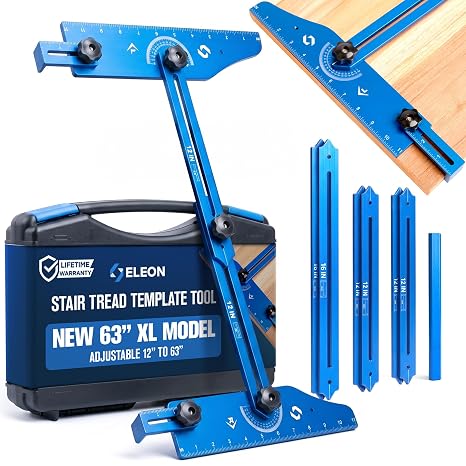 ELEON StaircisionTM Stair Tread Template Tool (XL - 63") - Aluminum Alloy Jig for Accurately Measuring Angle, Length, Depth - Compatible with All Types of Layout Projects,  with Sturdy Case