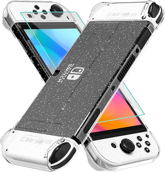 GLDRAM Glitter Case Kit Switch OLED 2021, Dockable PC Protective Cover for Switch OLED Console, Ergonomic TPU Grip Case for Joycon, Sparkle Skin Set with Screen Protector and Thumb Caps