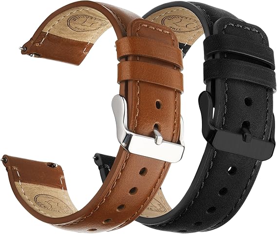 Fullmosa 20mm Quick Release Leather Watch Bands for Garmin Samsung Galaxy | 2 Pack Straps for Vivoactive 6/5, Venu Sq/Sq 2, Samsung Galaxy 7/6/5, Gear S2 Classic, Toffee Brown+Silver/Black+Black