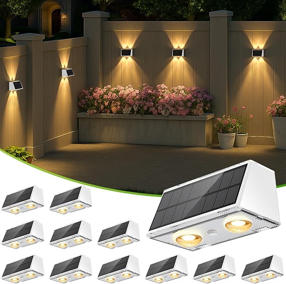 LANSOW Solar Fence Lights 12 Pack, Solar Powered Lights Outdoor Waterproof, 9-Mode Warm/Cool White & RGB Up-Down Led Spot Wall Lights Dusk to Dawn Decor for Backyard, Deck, Patio, Pool, Railing(White)