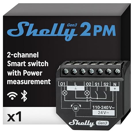 Shelly Plus 2PM Gen3 | Wi-Fi and Bluetooth 2-Channel Smart Relay Switch | Electricity Consumption Measured Shutter Switch | Home Automation | Google Home Alexa Accessory | iOS Android App