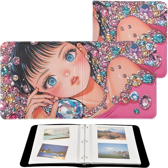 Anime Woman Leather Photo Album - 11.8x11.2x1.5 Inch, PU Material, Wipeable Exterior, 20 Self-Adhesive Pages Included, DIY Photo Storage with Loose-leaf Design