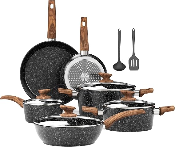 Kitchen Academy 12Pcs Induction Pots and Pans Set Non Stick, Black Cookware