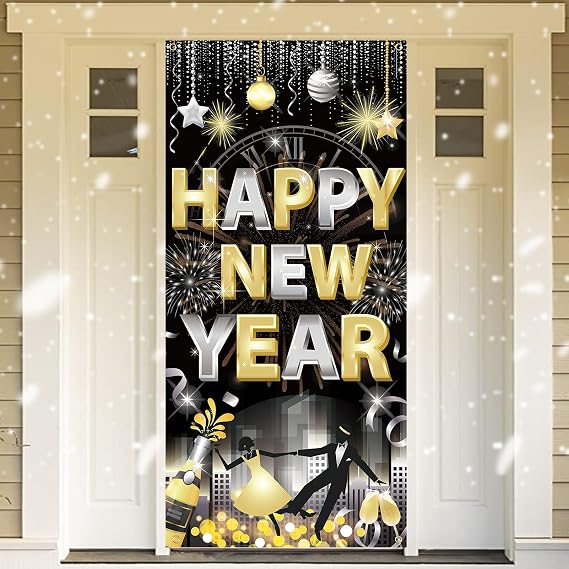 HOWAF Happy New Year Door Cover, New Years Decorations 2026 Banner Black Gold NYE Eve Door Banner for NYE Party Supplies Happy New Years Backdrop 2026