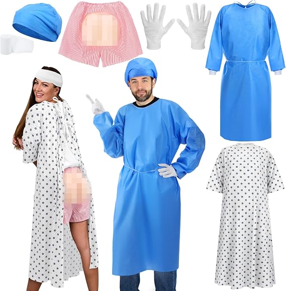Mepase 6 Pcs Halloween Couples Costume for Adult Doctor Surgeon and Patient | Unisex Hospital Patient Gown, Funny Shorts, Halloween Couple Cosplay, Medical Themed Party Events