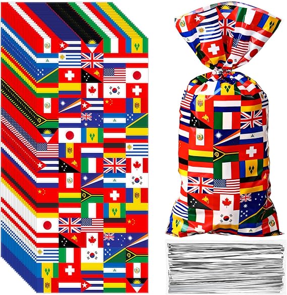 Pajean 100 Pack World Flag Treat Bags with Twist Ties for Party Favors
