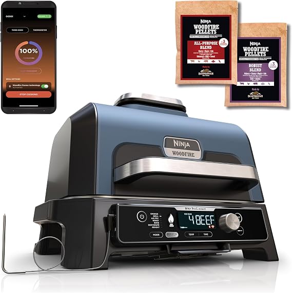Ninja Woodfire Pro Connect XL Electric BBQ Smoker Grill Weatherproof App Control Digital Temperature Sensor 7-in-1 Outdoor Grill Electric & Air Fryer with Woodfire Pellets Black OG901EU