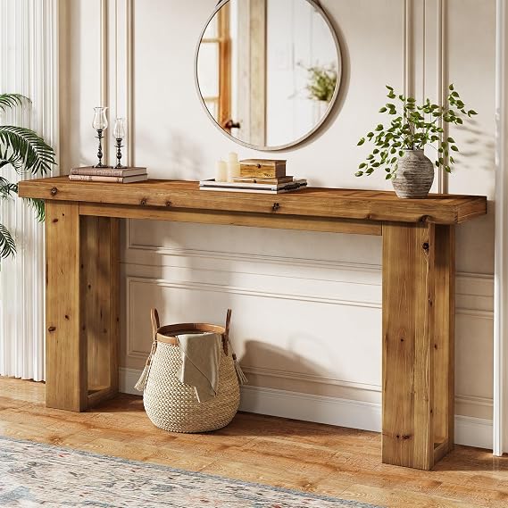 Solid Wood Sofa Table Behind The Couch, 63-Inch Long Farmhouse Rectangular Console Table with Geometric Pattern Tabletop for Living Room, Entryway, Hallway, Entrance, Rustic Brown