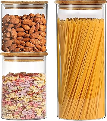 Glass Food Storage Jars Set of 3 with Bamboo Lid Airtight Glass Storage Canister, Cylindrical Kitchen Clear Food Storage Container Jar, for Pasta, Coffee, Cookies, Nuts, Cereal, Oats, Flour