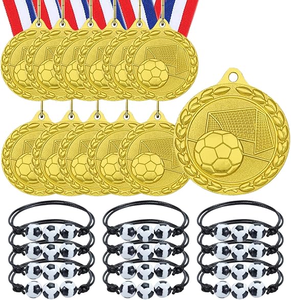 12 Pieces Soccer Medals, 12 Pieces Soccer Bracelets Kids Soccer Medal Children Metal Medals Children Girls Birthday Gifts for Kids Sports Soccer Games and Soccer Party Favors
