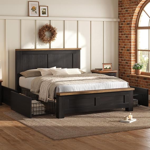4ft6 Double Size Wooden Bed Frame with Storage Drawers, 135x190cm Black