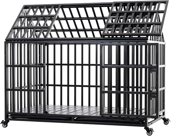 52/48/44 Inch Heavy Duty Dog Crate Indestructible and Escape-Proof Dog Cage Kennel for Large Medium Dogs Extra Large XL XXL with Lockable Wheels Removable Tray Double Door Black