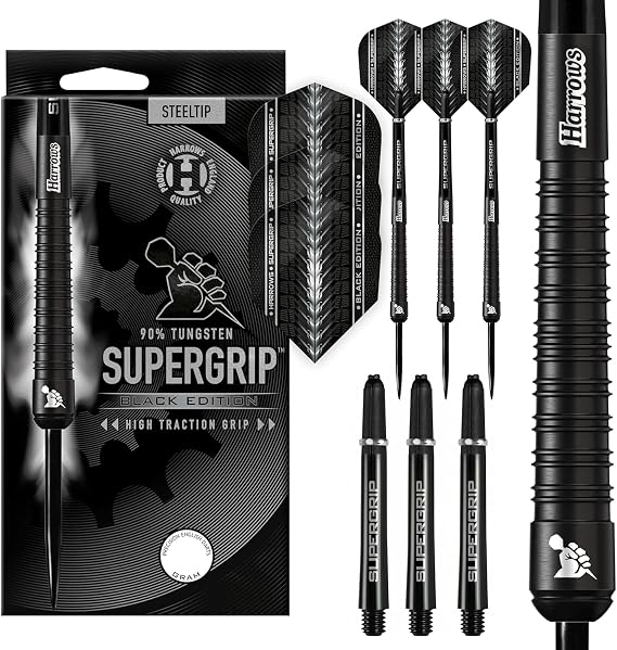 Harrows SUPERGRIP Black Edition 90% Tungsten Steel Tip Dart Set Available in 21g 22g 23g 24g 25g 26g 28g and 30g - Includes Supergrip Shafts and Supergrip Flights