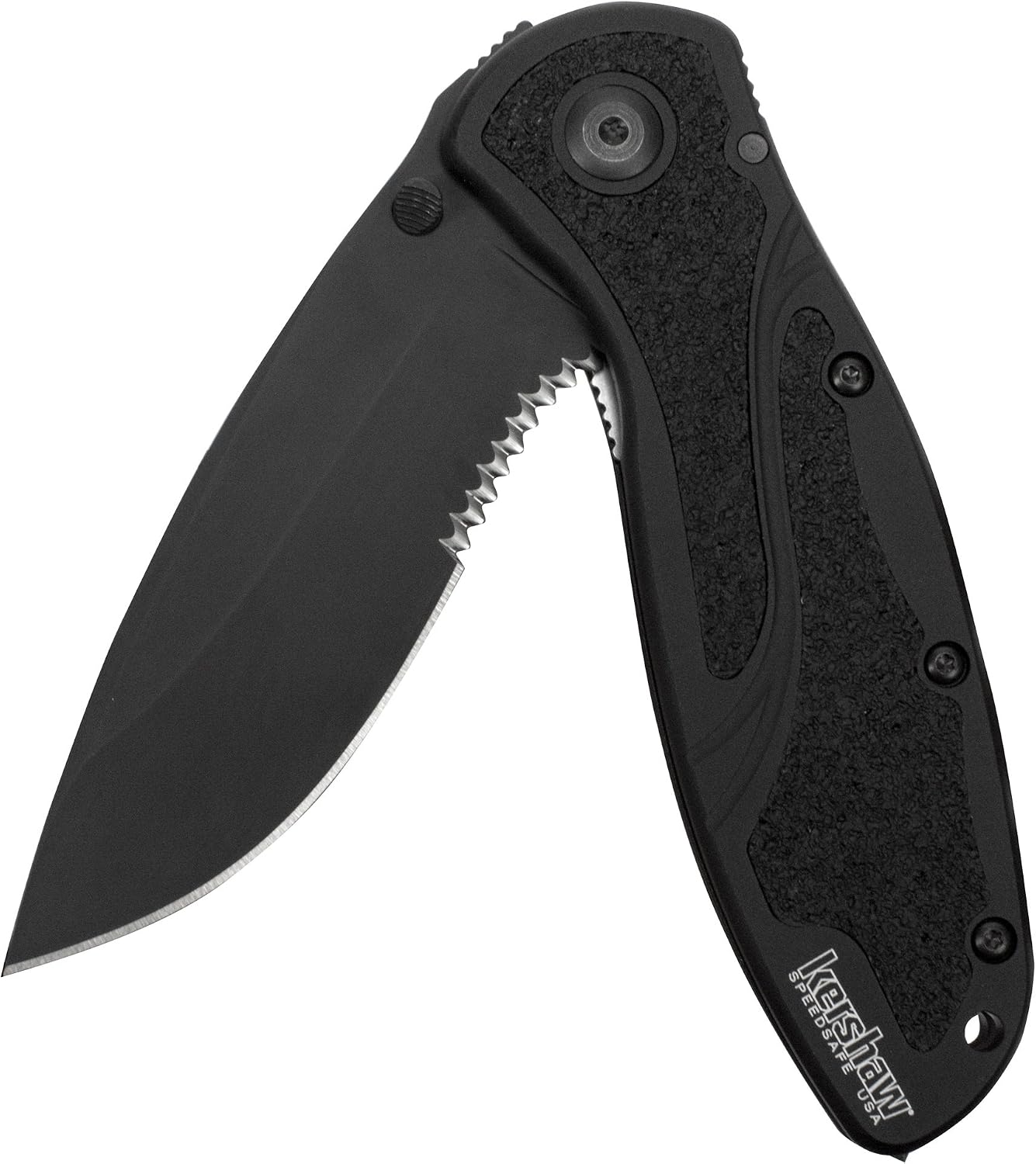 Kershaw Glassbreaker Blur Pocketknife, 3.4 Sandvik 14C28N Stainless Steel Recurved Serrated Blade, assisted opening EDC, Emergency Tool
