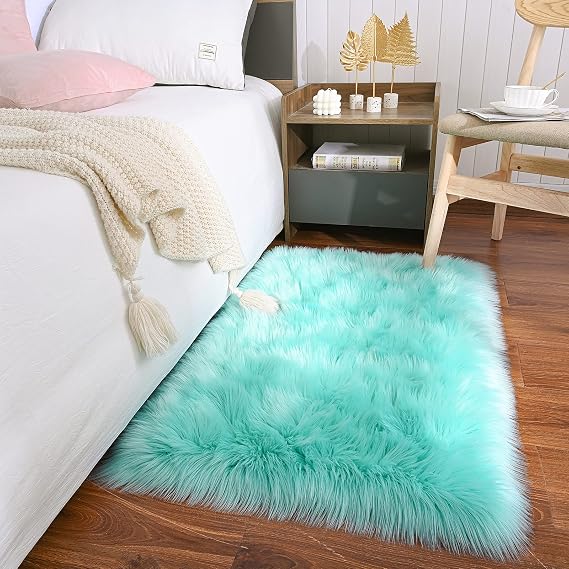 Maxsoft Fluffy Fur Rug for Bedroom, 2 x 3 Feet Aqua Green Shaggy Faux Sheepskin Rugs for Girls Room Washable, Furry Throw Area Rugs for Dorm Living Room Kids Home Decor