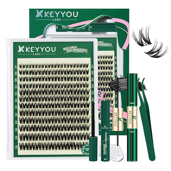 KEYYOU Flora Lash Clusters Kit Flaunt D Curl Natural Lashes 132pcs Lash Extension Kit 8-18mix Lash Clusters Fluffy Lashes with Ultra-Thin Soft Band with Remover Waterproof Bond and Seal(F01 Kit)