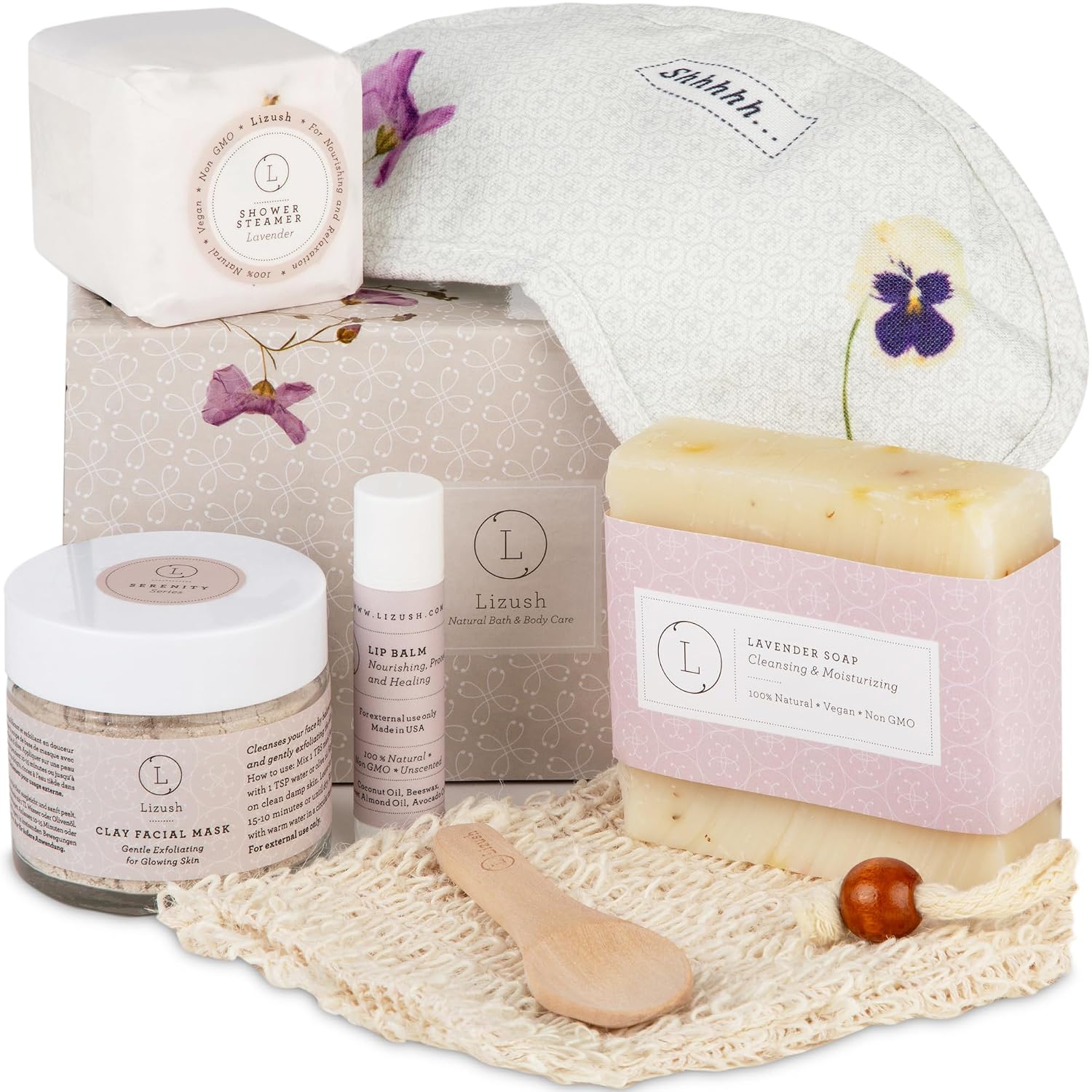 Lizush Bath Gift Set - Pampering Box with Spa Items - Handmade Relaxation Gifts for Women - Complete Luxury Spa Day Kit for Women - 6 Piece Set - Lavender