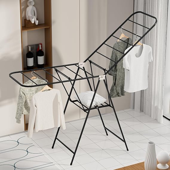 Clothes Drying Rack, Heavy Duty Gullwing Drying Rack, 71inch Laundry Clothes Dryer Rack with Wheels, Large Foldable Clothes Stand with Shoe Drying Rack, Extra Large 3-Layer Cloth Dryer Black