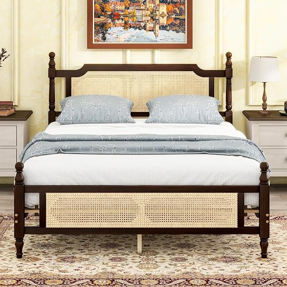 Queen Pine Wooden Bed with Rattan Headboard and Footboard