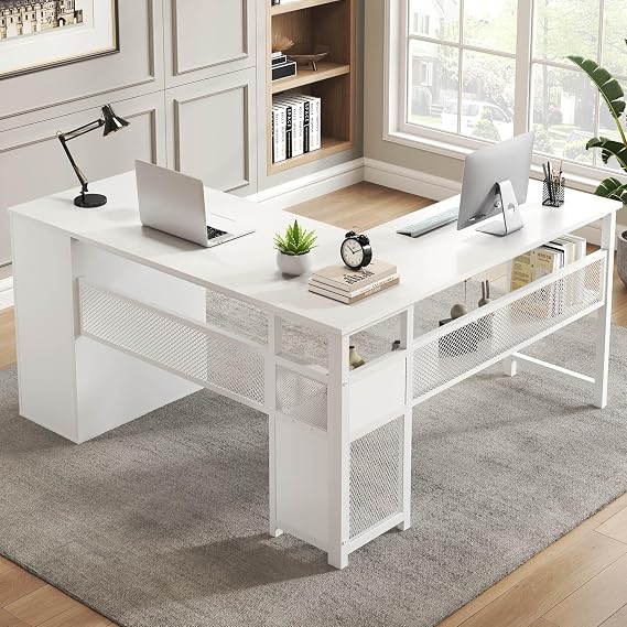 LVB Reversible L Shaped Desk with Drawers, White Computer Desk with Storage