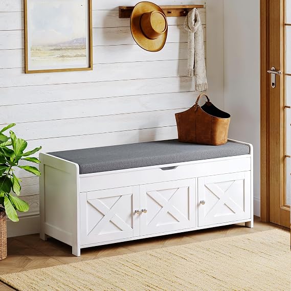 Pipishell 2-Tier Shoe Storage Bench, Entryway Bench with 3 Barn Doors, Cushion Seat, Hidden Storage, Adjustable Shelf, 200 lbs Capacity, for Entryway, Living Room, Bedroom, White (39.4Wx15Dx18.1H)