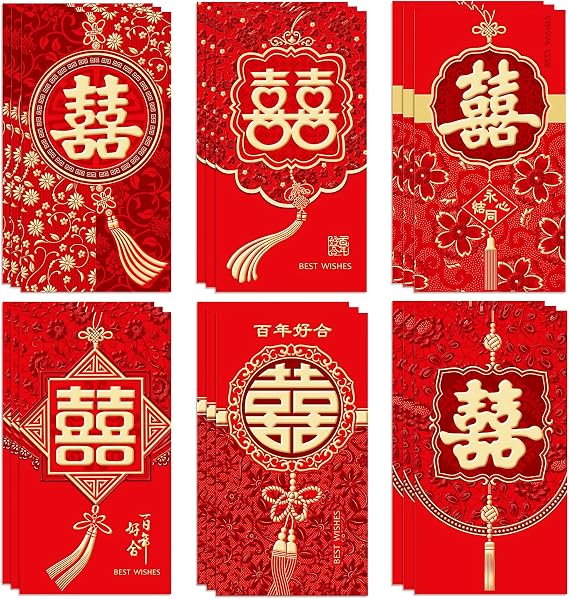 Red Envelopes for Chinese Wedding, 18 Pieces Traditional Floral Double Happiness Red Packets, Classic Hong Bao Money Pocket, Chinese Wedding Favor Accessories