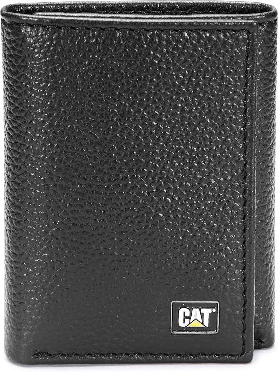 Caterpillar Men's Genuine Leather Trifold Wallet with Enamel Logo, Black, One Size